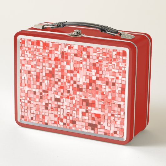 小さな正方形の重なり、赤や珊瑚の色調 メタルランチボックス (正面)