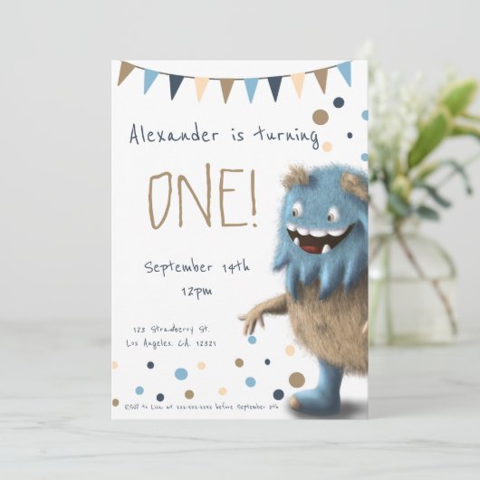 小さな毛皮のモンスターの最初の誕生日の招待状 招待状 (スタンド正面)