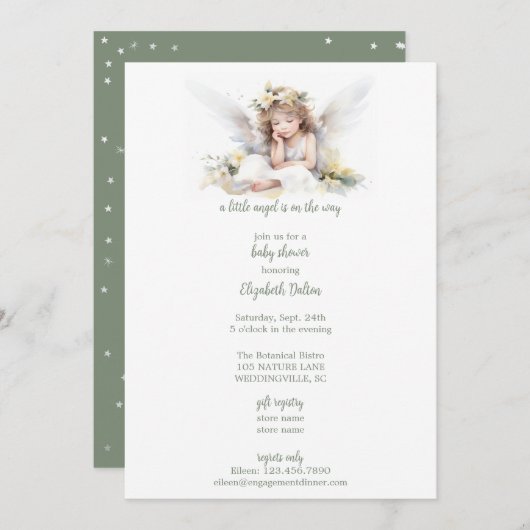 小さな水色の天使の赤ちゃんシャワー 招待状 (正面/裏面)