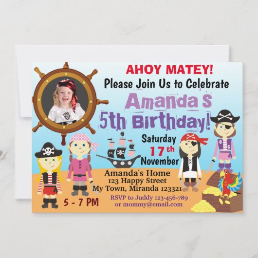 小さな海賊の女の子の男の子の誕生日招待状 招待状 (正面)