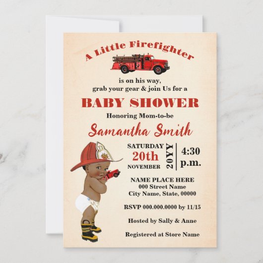 小さな消防士が彼の道にいるオウム赤ちゃんシャワー 招待状 (正面)