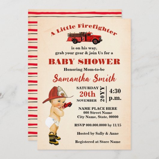 小さな消防士が赤ちゃんシャワーを浴びる 招待状 (正面/裏面)