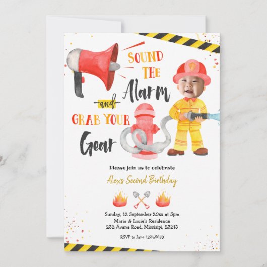 小さな消防士の少年とフォトボーイの誕生日 招待状 (正面)
