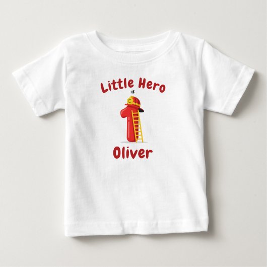 小さな消防士ヒーローの初誕生日 ベビーTシャツ (正面)