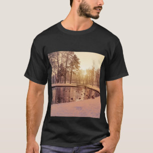 小さな湖のある公園の夕日霜の降りた Tシャツ