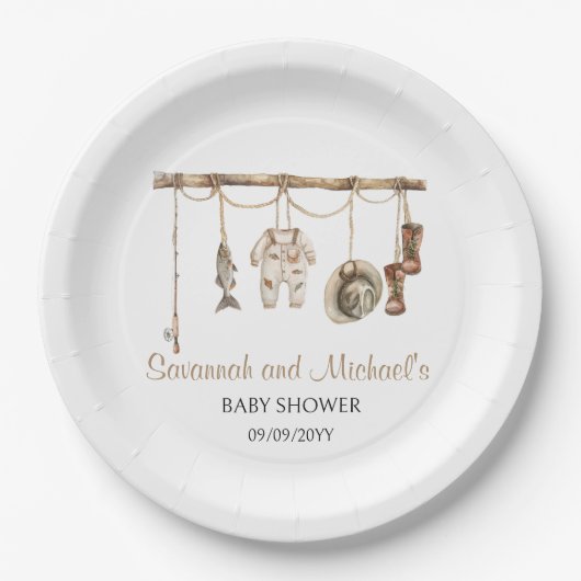 小さな漁師がベビーシャワーパーティーに向かっている ペーパープレート (正面)