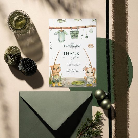 小さな漁師が喜びの赤ちゃんシャワーで歓喜している サンキューカード
