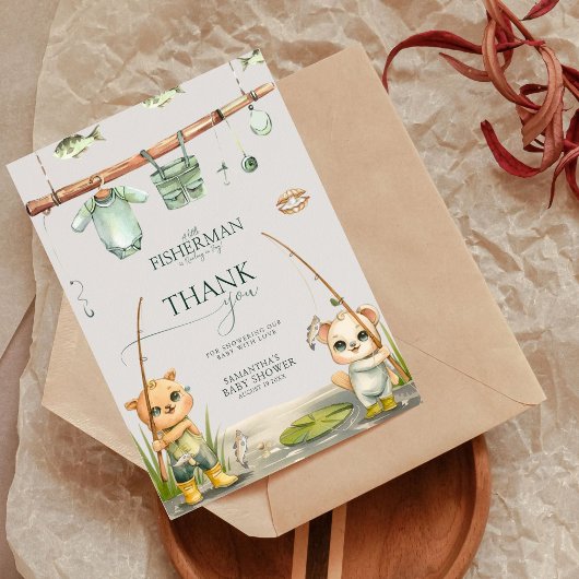 小さな漁師が喜びの赤ちゃんシャワーで歓喜している サンキューカード