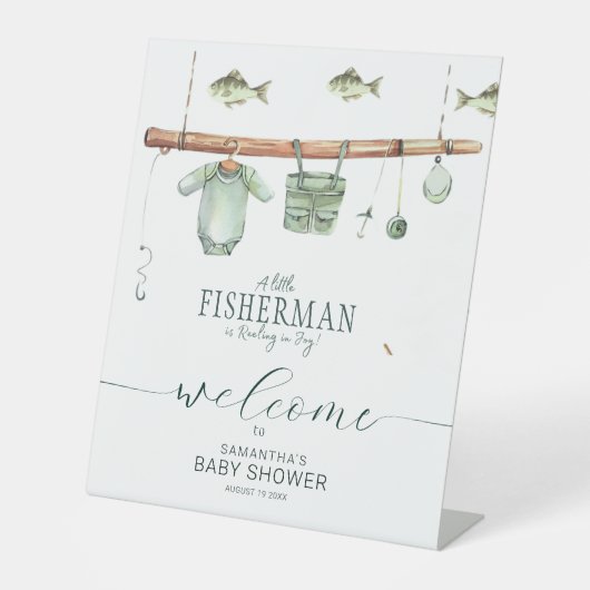 小さな漁師が喜びの赤ちゃんシャワーで歓喜している 台座サイン (正面)