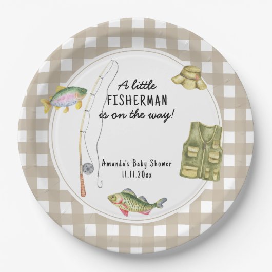 小さな漁師が赤ちゃんシャワーの途中にある ペーパープレート (正面)