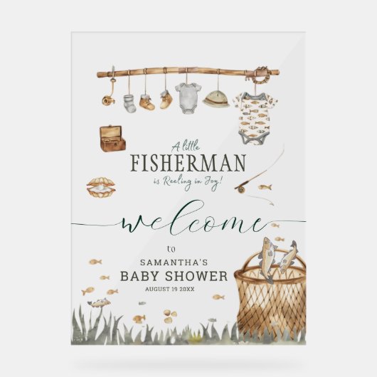小さな漁師の水の色の魚釣り赤ちゃんシャワー アクリルサイン (正面)