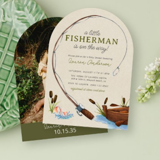 小さな漁師の水彩写真の赤ちゃんシャワー 招待状