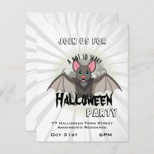 小さな漫画のこうもりとAそれほど怖くないハロウィーン 招待状 (正面/裏面)