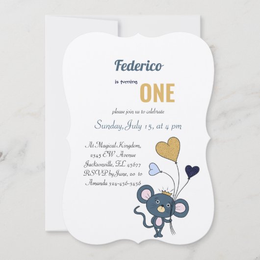 小さな灰色のマウスの誕生日の招待 (正面)