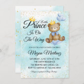 小さな熊の王子の青い金ゴールド男の子シャワー 招待状 (正面/裏面)