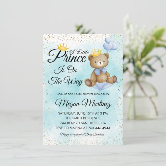 小さな熊の王子の青い金ゴールド男の子シャワー 招待状 (スタンド正面)
