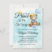 小さな熊の王子の青い金ゴールド男の子シャワー 招待状 (正面)