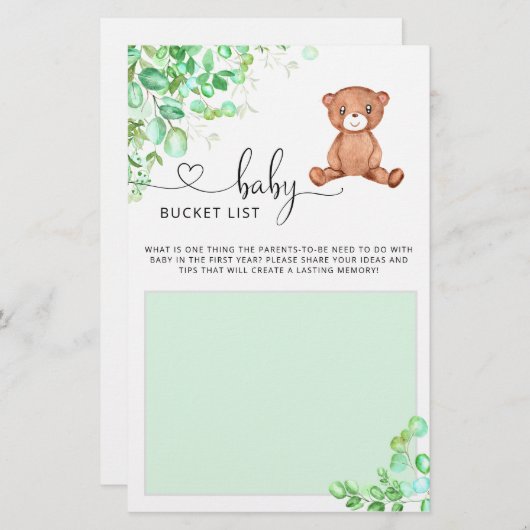 小さな熊の赤ちゃんシャワーゲームバケットリスト (正面/裏面)