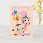 小さな牛のケーキと風船を持つ最初の誕生日カード カード (黄色い花)