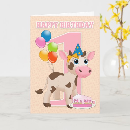 小さな牛のケーキと風船を持つ最初の誕生日カード カード (黄色い花)