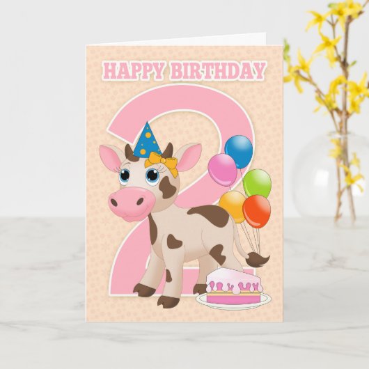 小さな牛のケーキと風船を持つ2番目の誕生日カード カード (黄色い花)