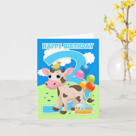 小さな牛のケーキと風船を持つ3番目の誕生日カード カード (黄色い花)