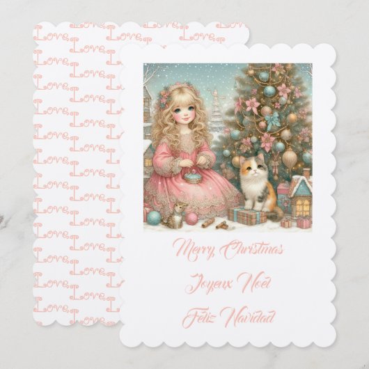 小さな猫と女の子，メリークリスマス 招待状 (正面/裏面)