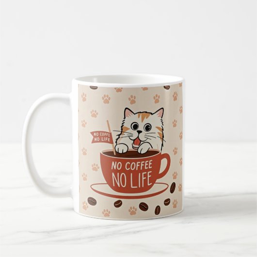 小さな猫の前足のプリントとコーヒー豆ポスター コーヒーマグカップ (左)