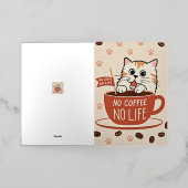 小さな猫の前足のプリントとコーヒー豆ポスター 箔グリーティングカード (外側レイダウン)