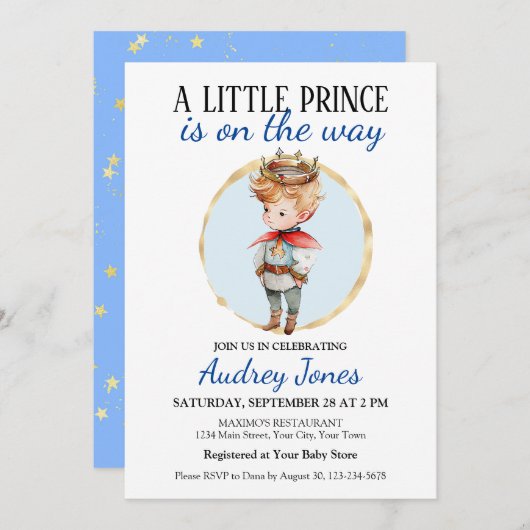 小さな王子が赤ちゃんをシャワーで浴びようとしている 招待状 (正面/裏面)