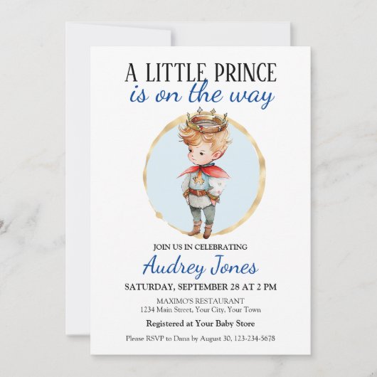 小さな王子が赤ちゃんをシャワーで浴びようとしている 招待状 (正面)