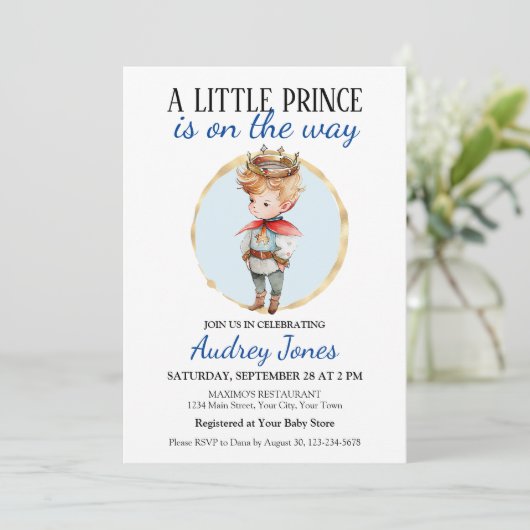 小さな王子が赤ちゃんをシャワーで浴びようとしている 招待状 (スタンド正面)