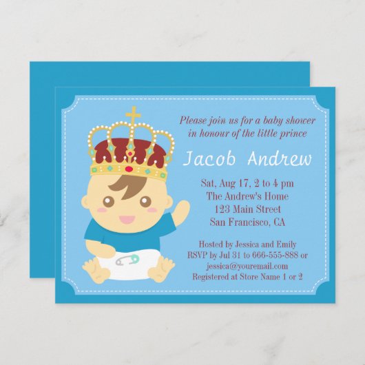 小さな王子と王冠の赤ちゃんシャワー 招待状 (正面/裏面)
