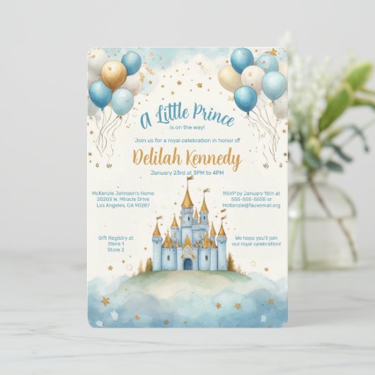 小さな王子の城と気球の赤ちゃんシャワー 招待状 (スタンド正面)