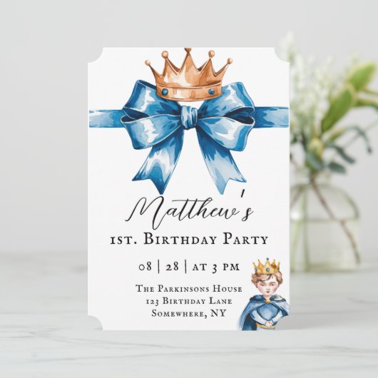 小さな王子の男の子の最初の誕生日パーティー 招待状 (スタンド正面)