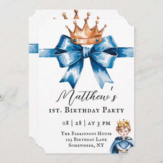 小さな王子の男の子の最初の誕生日パーティー 招待状 (正面/裏面)