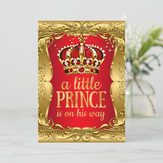 小さな王子の道赤ちゃんシャワー金ゴールド赤 招待状 (スタンド正面)
