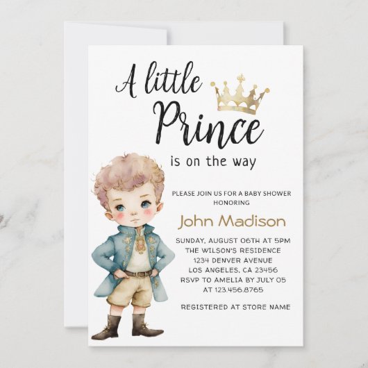 小さな王子 |青王室のと金ゴールドの赤ちゃんシャワー 招待状 (正面)