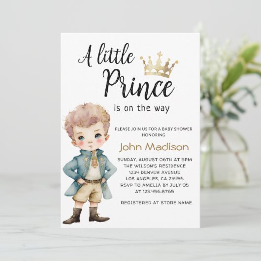 小さな王子 |青王室のと金ゴールドの赤ちゃんシャワー 招待状 (スタンド正面)