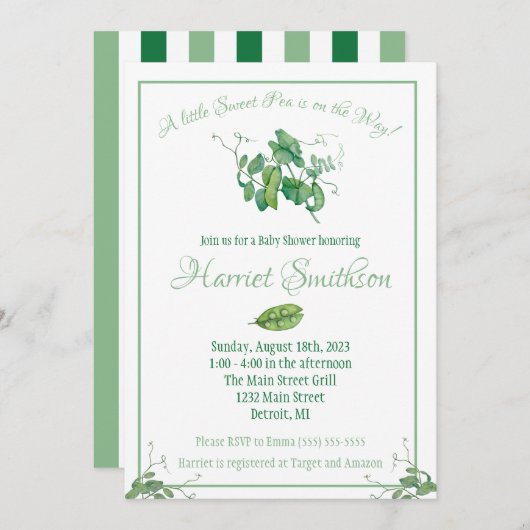 小さな甘いエンドウ豆が途中だ!赤ちゃんシャワー 招待状 (正面/裏面)