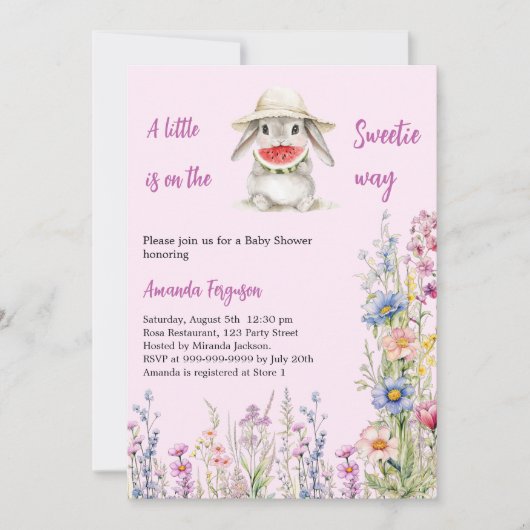 小さな甘いバニーのスイカの赤ちゃんシャワー 招待状 (正面)
