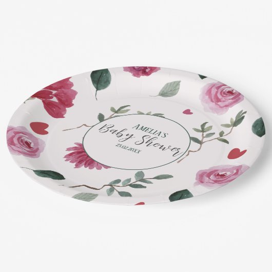 小さな甘いバレンタインピンクと赤の赤い赤い赤いシャワー ペーパープレート (アングル)