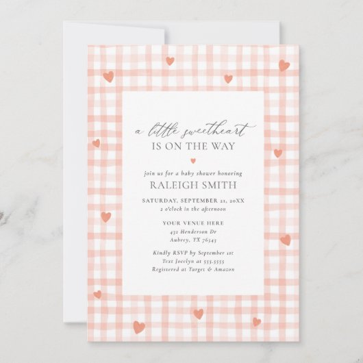 小さな甘いピンクのギンガムガールベビーシャワー 招待状 (正面)