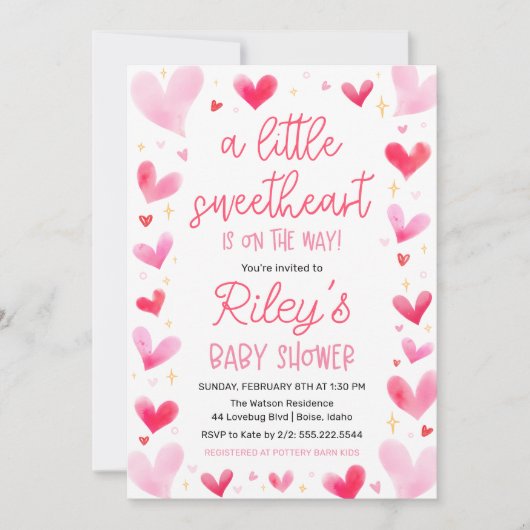 小さな甘いピンクのハート赤ちゃんシャワー 招待状 (正面)