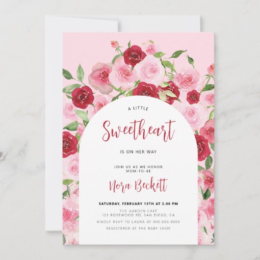 小さな甘いピンクのフローラアーチ赤ちゃんシャワー 招待状 (正面)