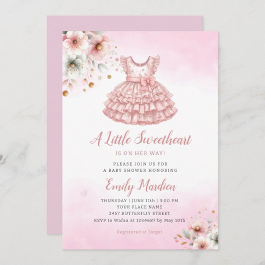 小さな甘いピンクの服女の子ベビーシャワー 招待状 (正面/裏面)