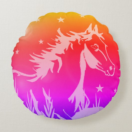 小さな甘いポニー、虹の色 ラウンドクッション (正面)
