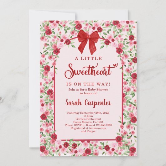 小さな甘い赤い弓の赤いシャワー女の子 招待状 (正面)