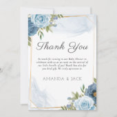 小さな甘い青エレガントい植物性の赤ちゃんシャワー サンキューカード (正面)