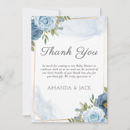 小さな甘い青エレガントい植物性の赤ちゃんシャワー サンキューカード (正面)